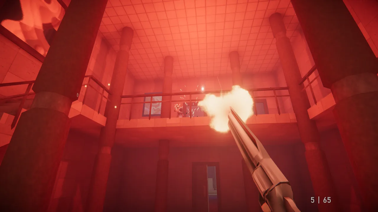 A firefight in an alarm-lit interior, the whole room washed red, an enemy firing from a balcony above a shotgun muzzle flash