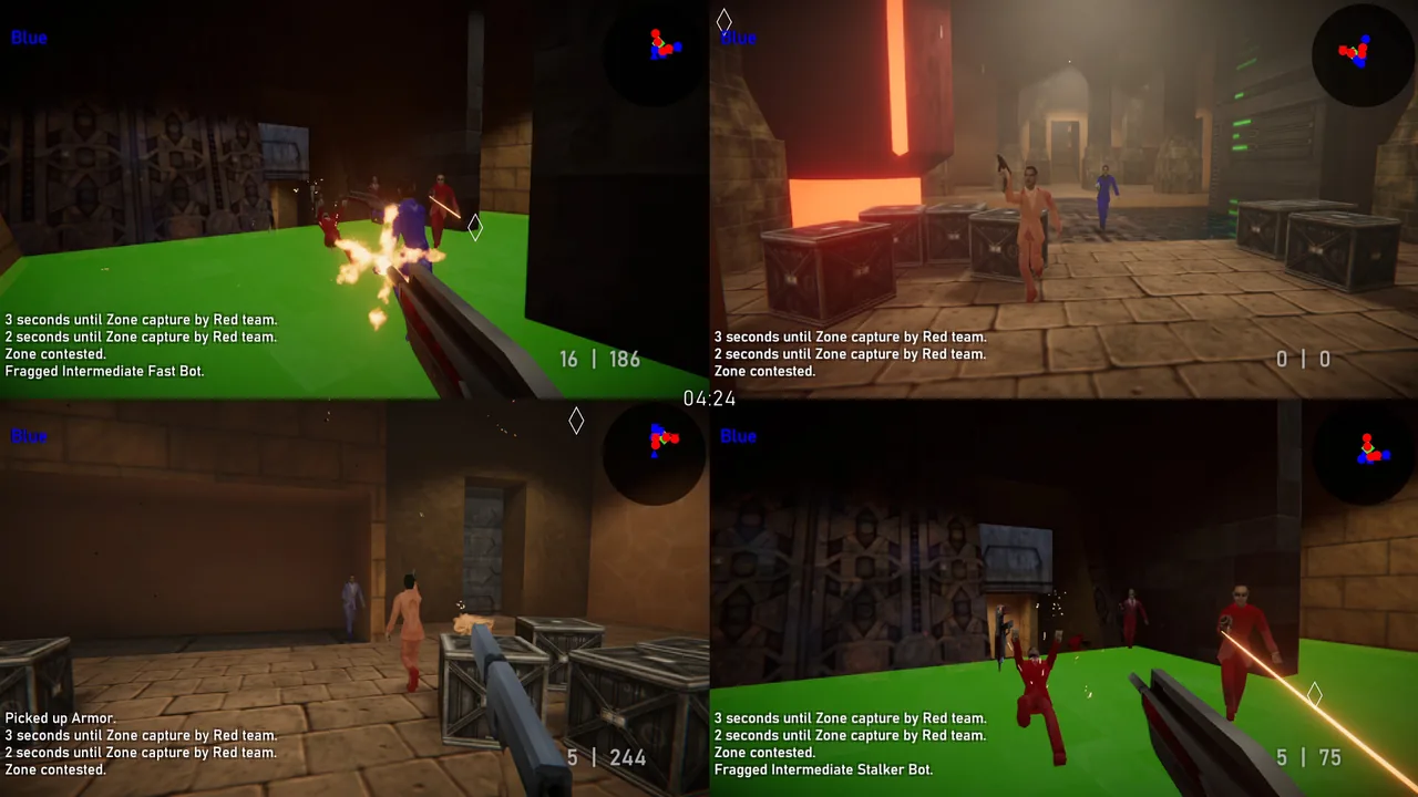 Four-player split-screen Arena on a Zone map, kill feed reading "Fragged Intermediate Fast Bot" and "Fragged Intermediate Stalker Bot"