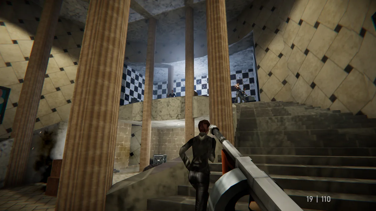 A shotgun raised on a marble staircase inside a columned museum atrium, an enemy firing from the balcony above