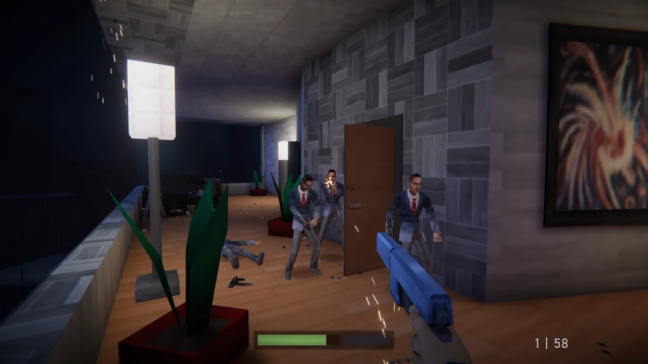 A firefight in a penthouse corridor, three suited guards returning fire past a wooden door while a pistol is raised in the foreground