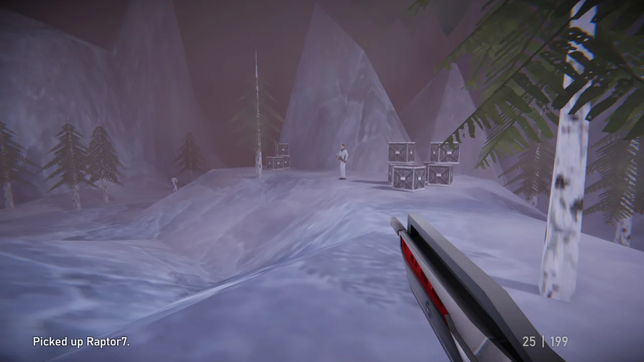 A snow base at dusk, pine trees and supply crates, an enemy in white ahead, the pickup message reading "Picked up Raptor7"