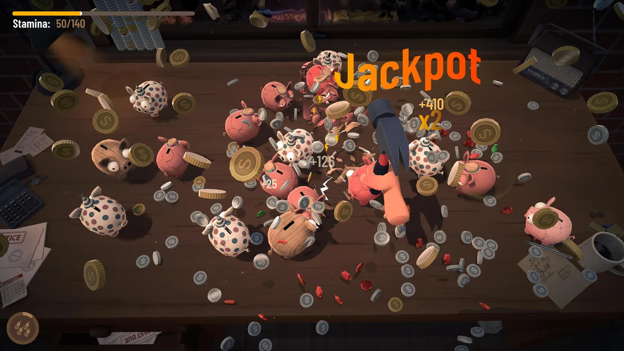 A smashing run in full swing: the hammer connects for a Jackpot as coins and gems burst out of a table crowded with piggy banks