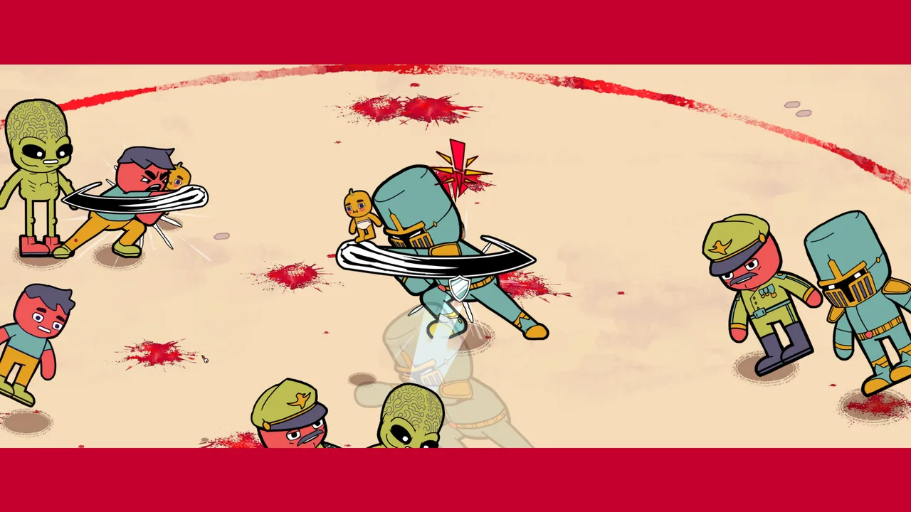 Dudes brawling in an open arena, a samurai Dude sweeping a huge blade through aliens and soldiers