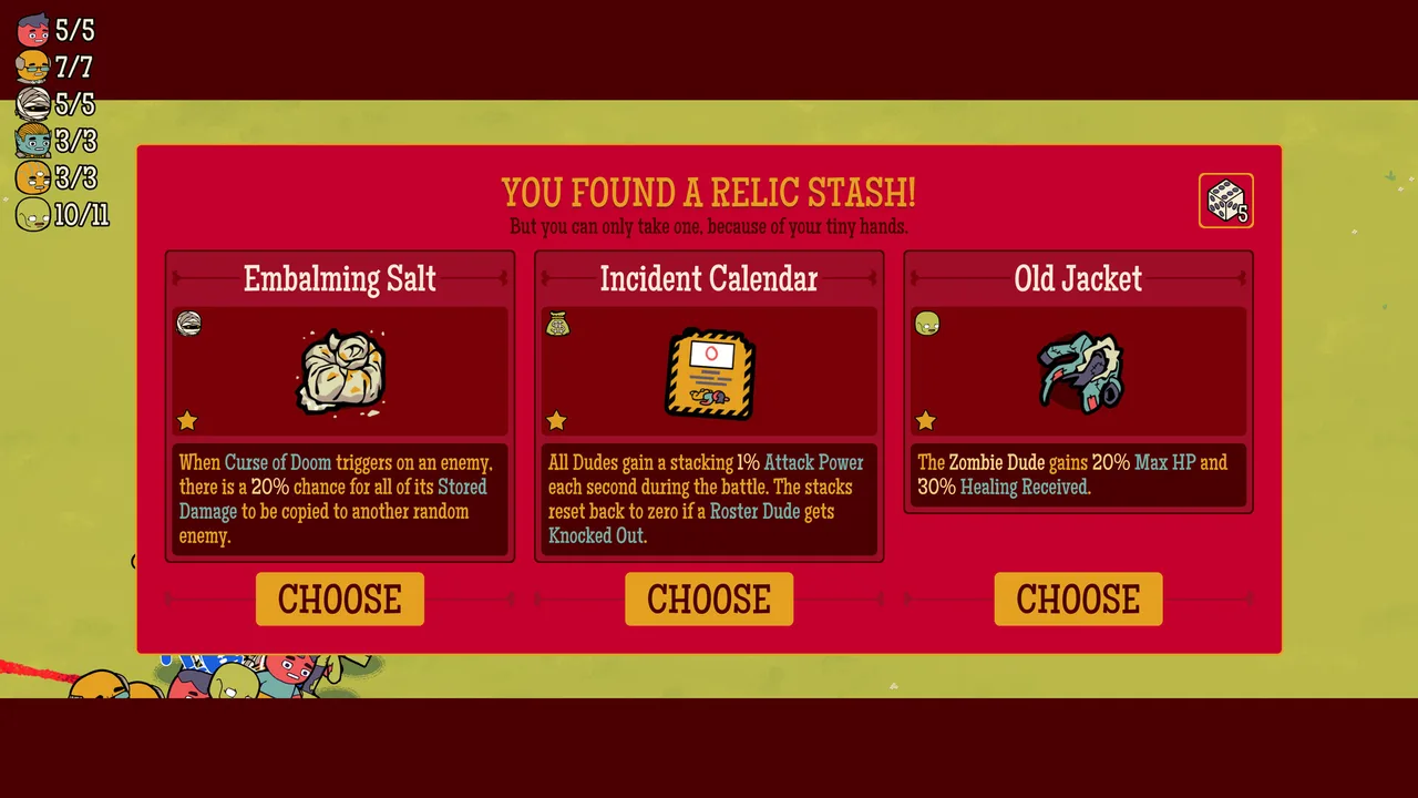 The Relic Stash screen offering a choice of three Relics, each with its full effect text