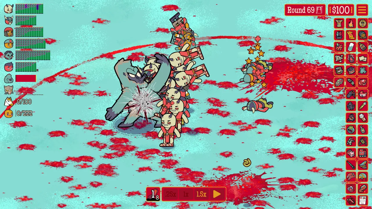 A Round 69 battle: team roster with health bars at left, a large gorilla boss being swarmed, and a grid of roughly forty collected Relics down the right side