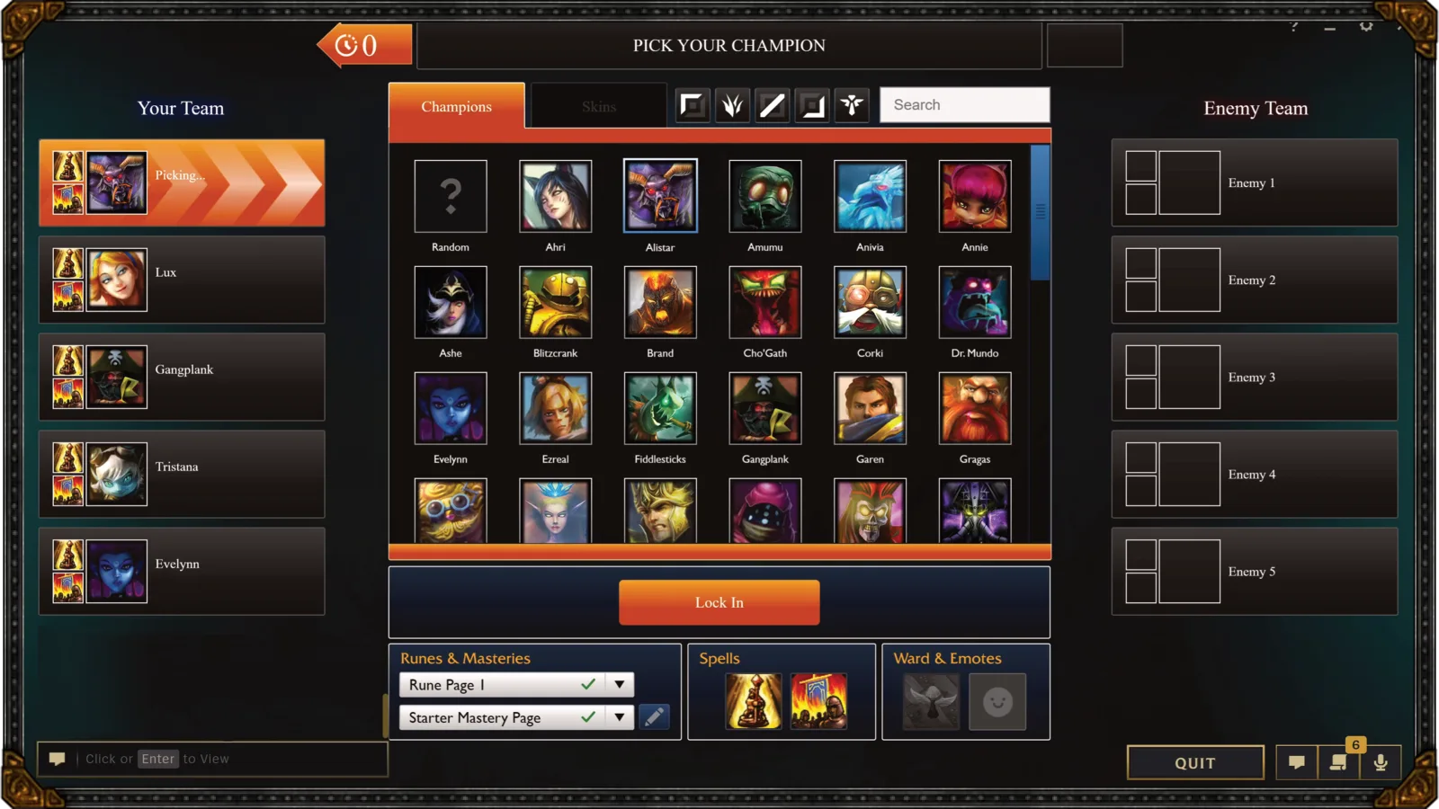The Classic champion select screen: old-style portrait grid with Ahri, Alistar, Amumu and others, a Runes & Masteries panel, and a Lock In button