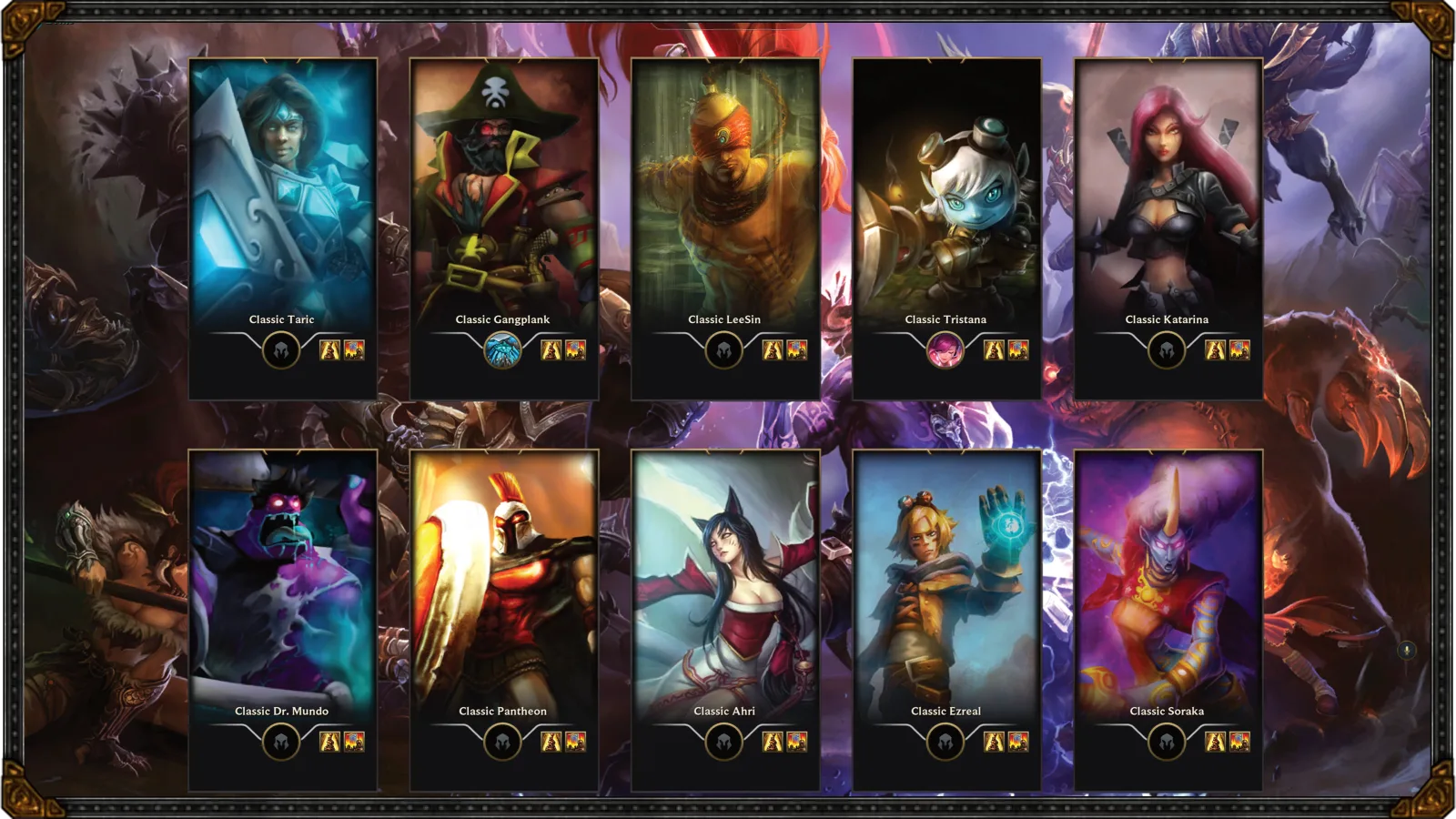 Loading screen with Classic champion cards: Classic Taric, Classic Gangplank, Classic Lee Sin, Classic Tristana, Classic Katarina and more