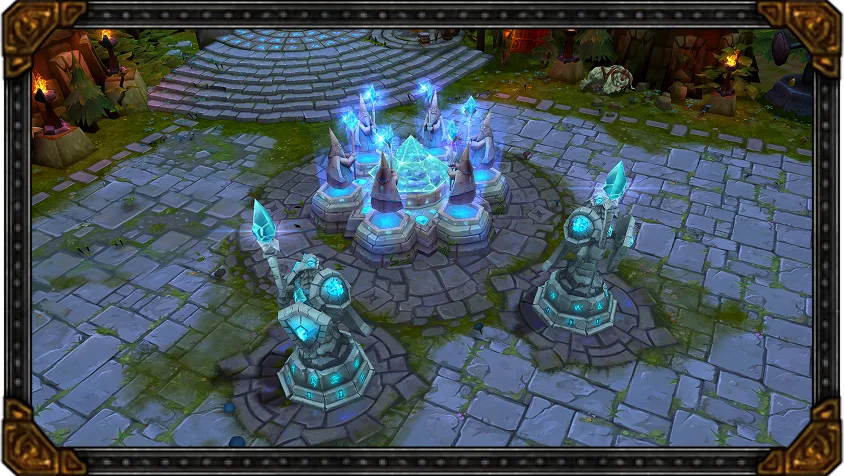 The old Nexus structure standing in its base on the original Summoner's Rift