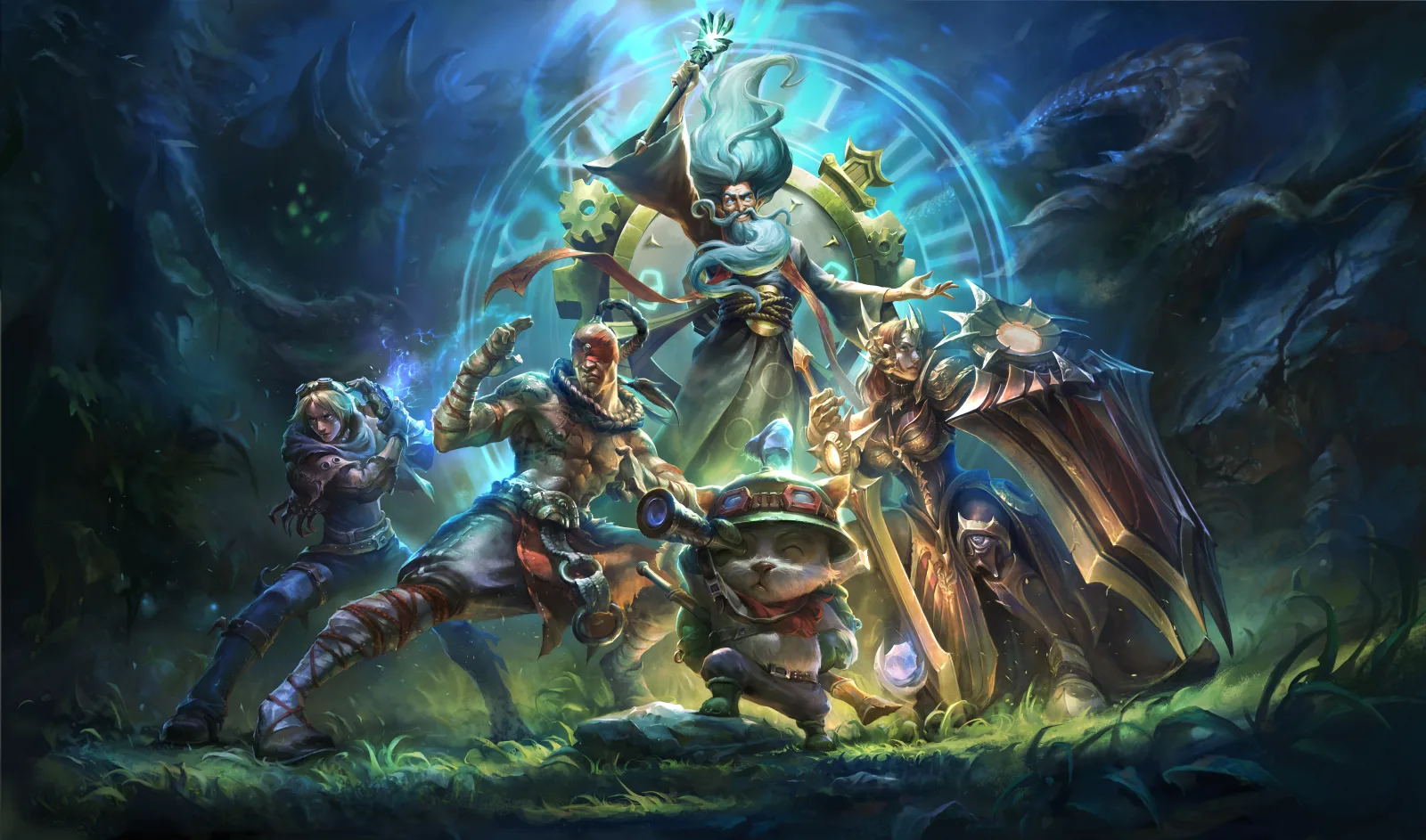 Key art for League of Legends Classic: Ryze, Lee Sin, Zilean, Teemo and Leona posed in front of a giant glowing clock face