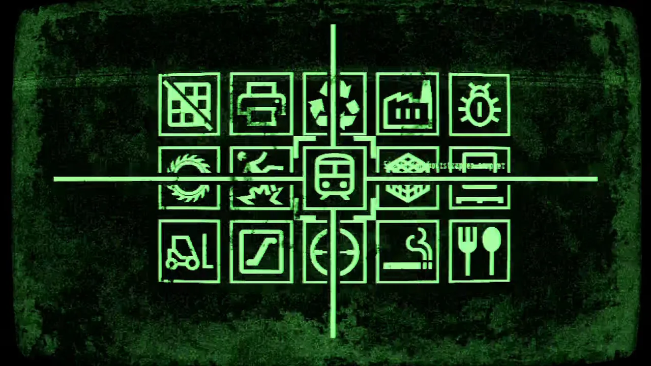 The minigame selection board: a grid of 15 icons — saw blades, forklifts, stairs, cigarettes, cutlery — with a crosshair hovering over one