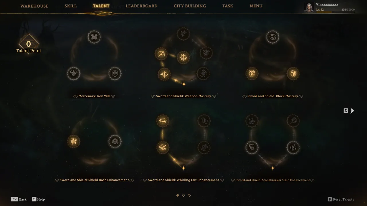 Camp menu UI showing the Warehouse tab alongside Skill, Talent and City Building