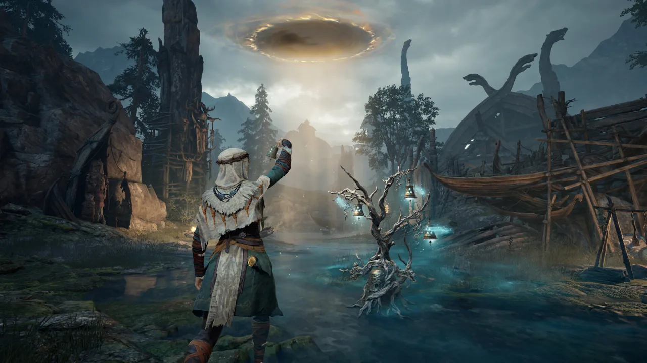 A hunter ringing a bell at a Soul Tree extraction point as a portal opens overhead