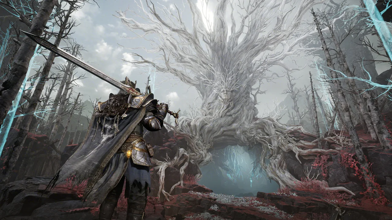 A lone hunter facing a giant pale tree in the mist
