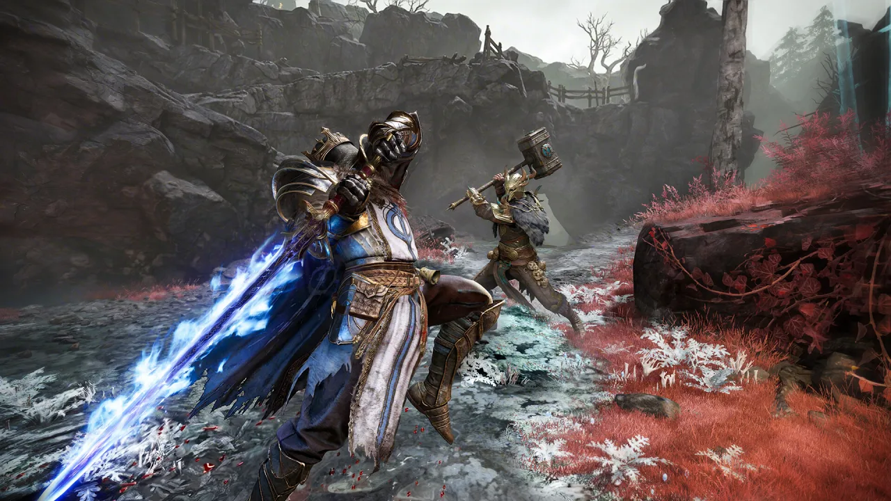Two hunters clashing in an open field, one swinging a glowing greatsword
