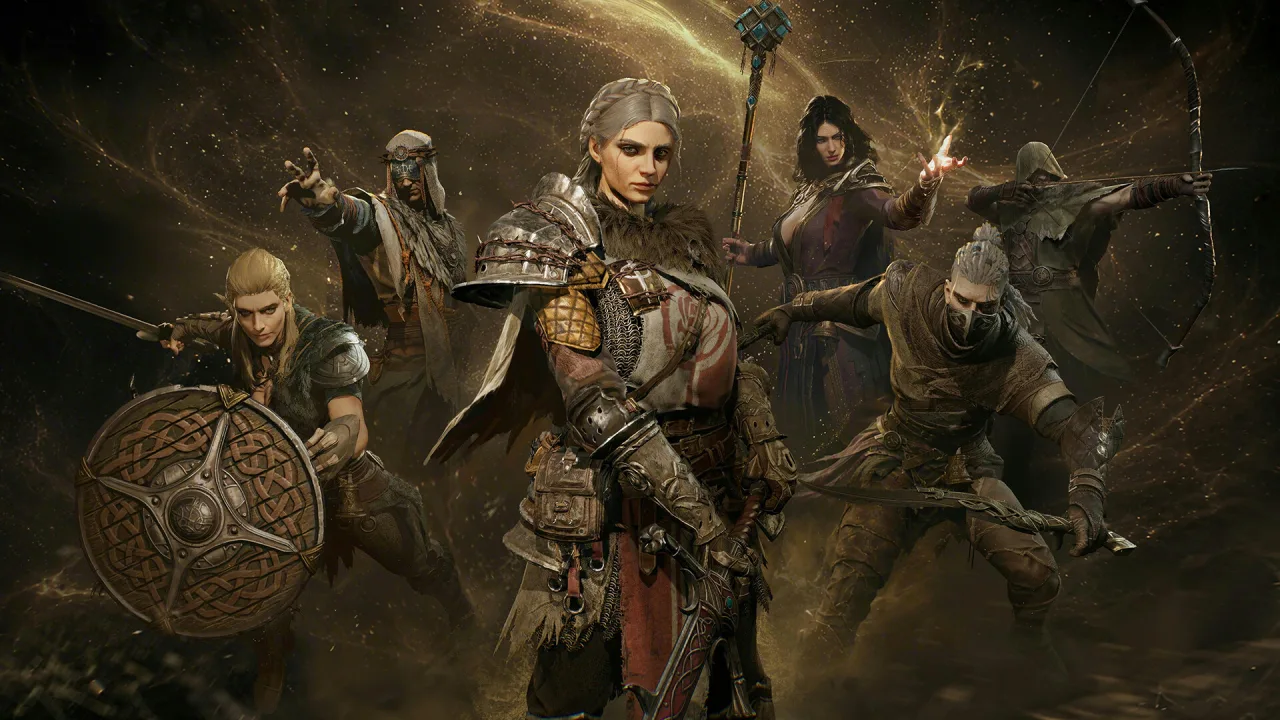 Key art showing the six playable classes of Mistfall Hunter