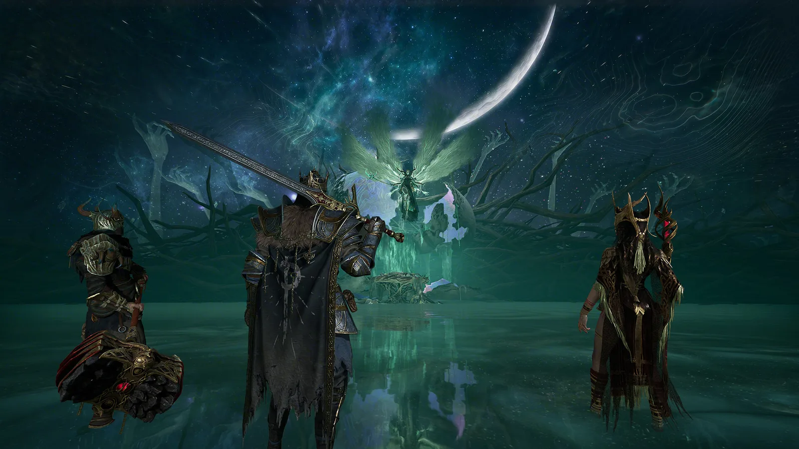 A trio of hunters facing a winged Mist Lord across a glassy lake