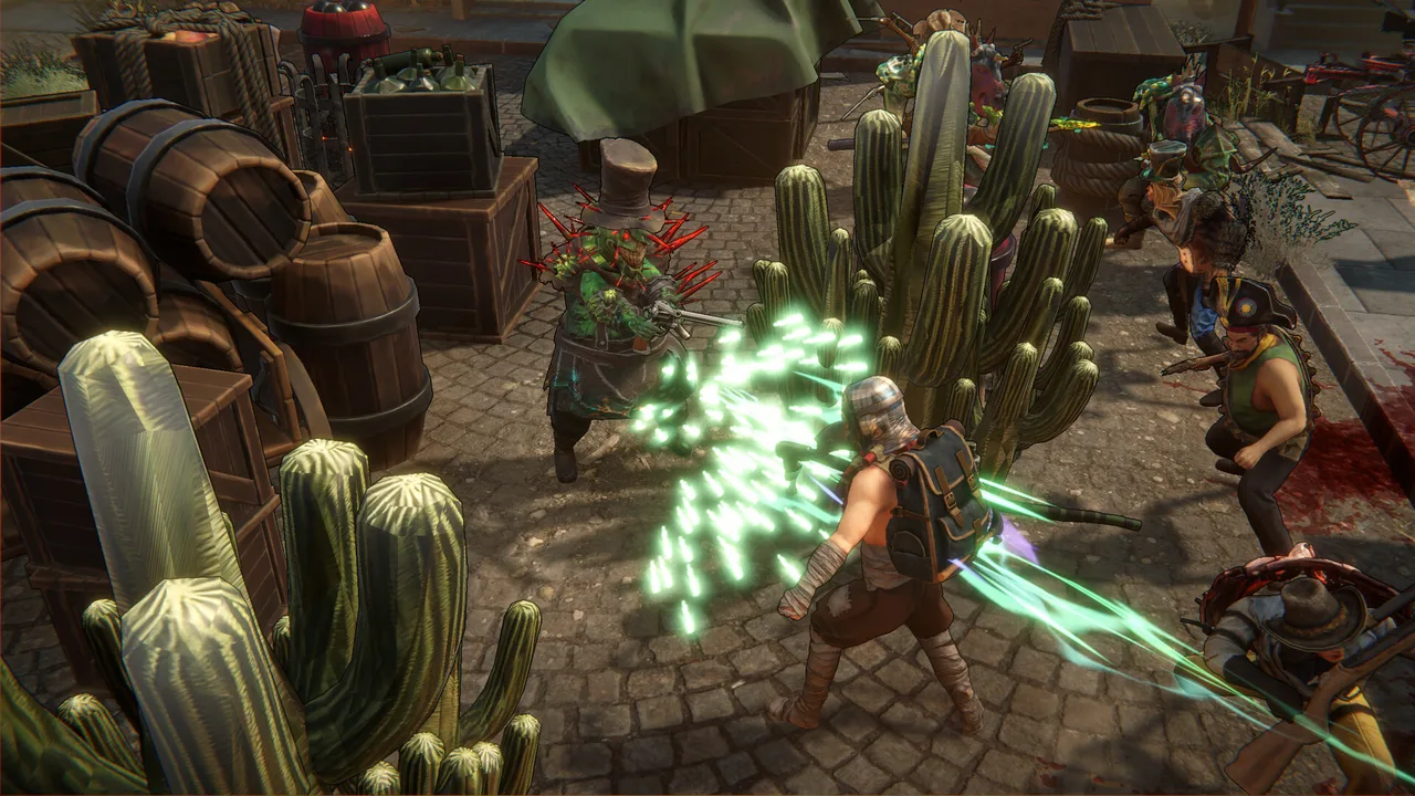 A Scavenger fires a scattering shotgun blast at a spiked, top-hatted Dreadweaver among cacti and barrels
