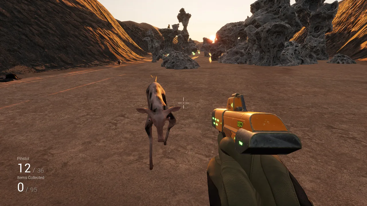 A mutated pih charging across a desert canyon toward the player, green collectible orbs scattered across the ground