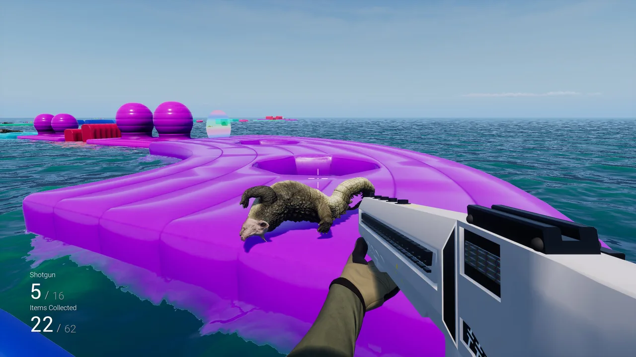 A Pihgator on a bright pink floating obstacle course over open water, one of the game's vehicle-and-platform levels