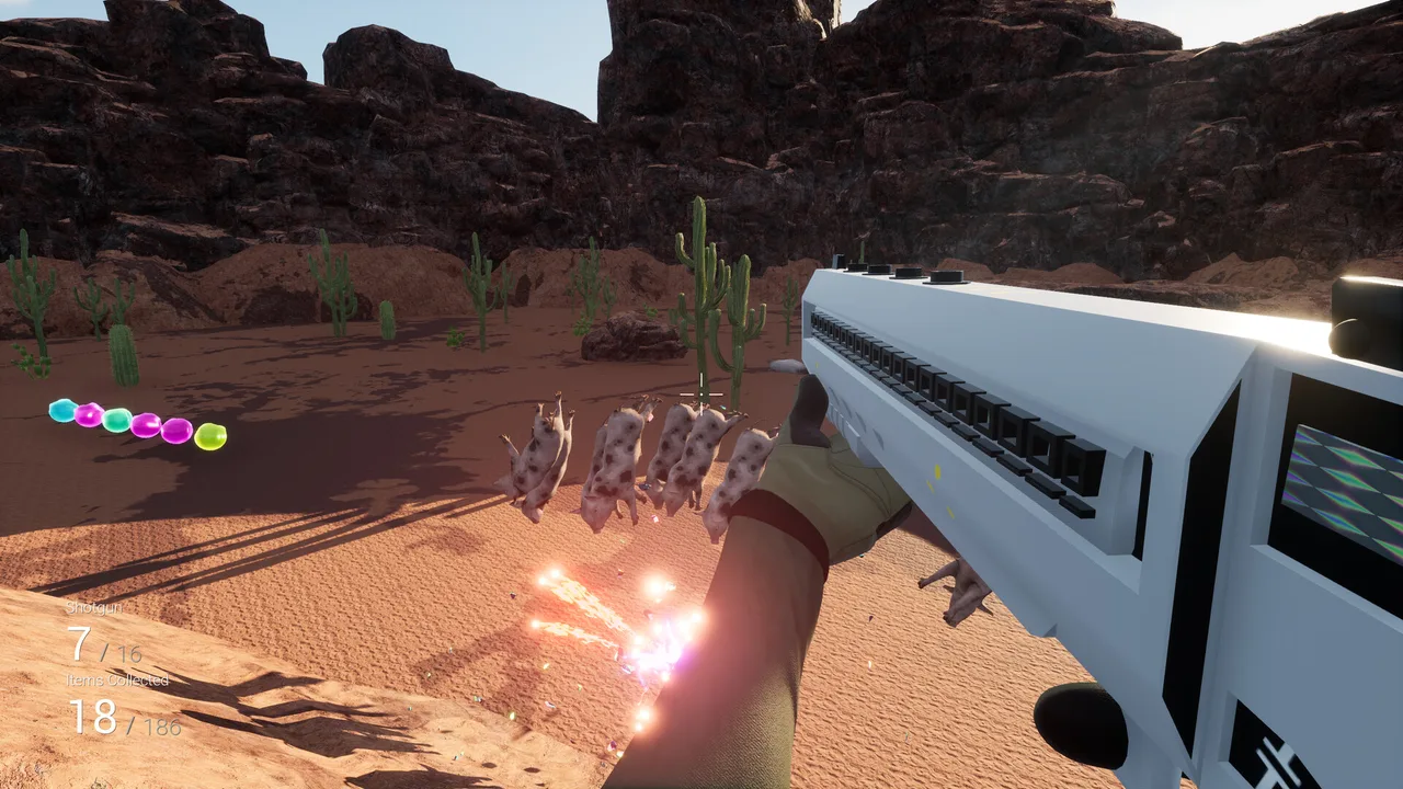 The Shotgun blasting a whole row of pihs into the air, with a trail of colourful collectible gems on the ground to the left