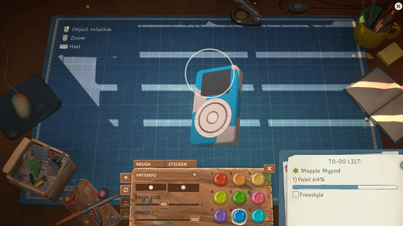Paint mode on a Mapple Mypod, with brush size and opacity sliders, a colour palette, and the order's paint progress at 64%