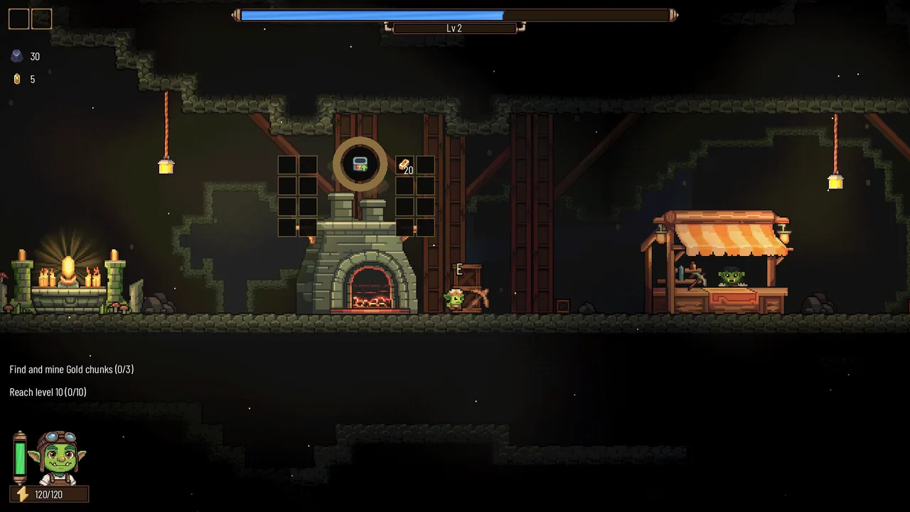 The base area in Rock Bottom: furnace with its slot interface open, a candle-lit altar to the left, and the goblin shop stall to the right