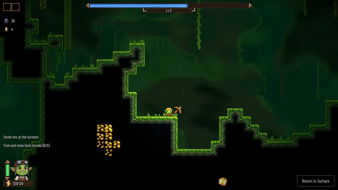 Rock Bottom early game: mining toward a gold vein in the starting forest biome, with the smelting objective on screen