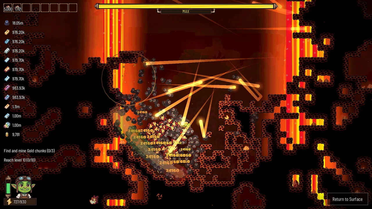 Late-game Rock Bottom: chain lightning tearing through a lava layer with resource counters in the millions