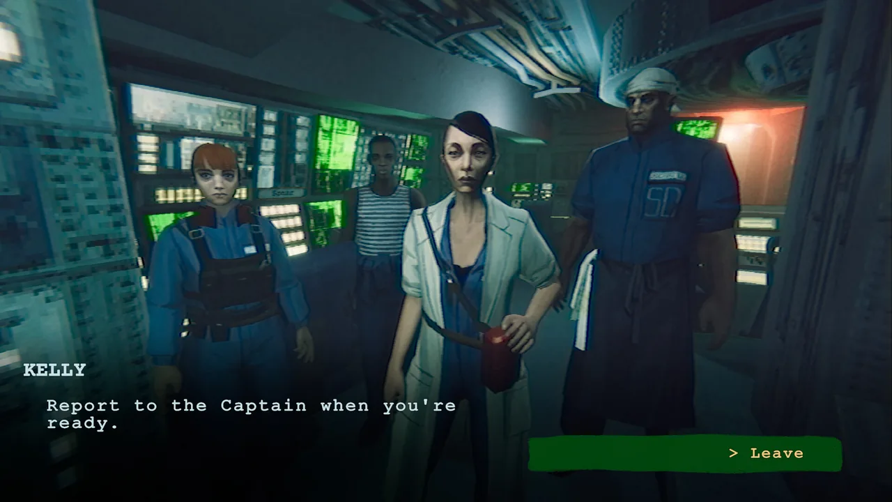 Four crew in the sonar room under green console light, Kelly telling you to report to the Captain when ready