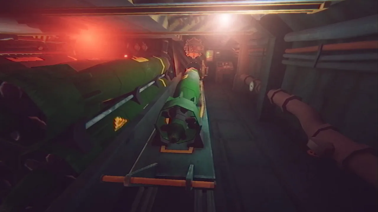 The Ares torpedo room, a green torpedo loaded on its rack under red alert lighting